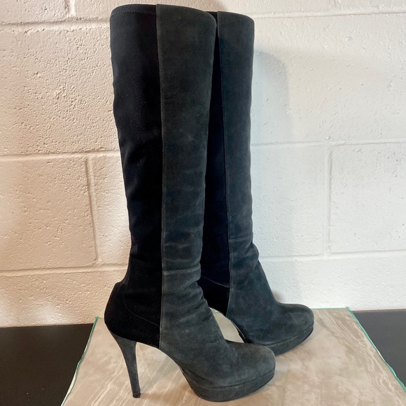 Stuart Weitzman Colorblock Black & Gray Suede Knee High Boots - Picture 1 of 11